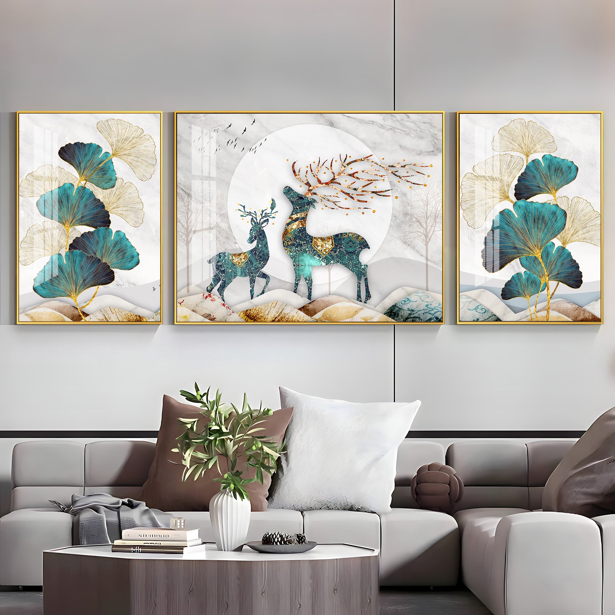 Rare Deer With Ginkgo Leaf Luxury Crystal Wall Art (Set of 3)
