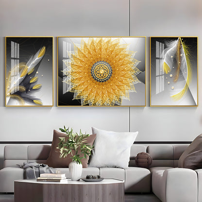 Golden Mandala With Feathers Premium Acrylic Wall Art (Set of 3)