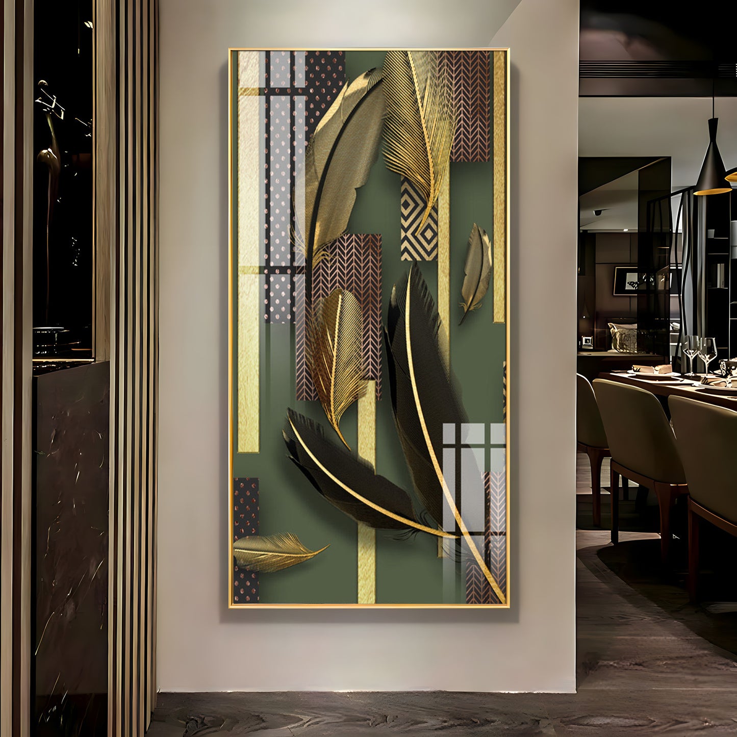 Black & Golden Feathers Premium Acrylic Vertical Wall Art