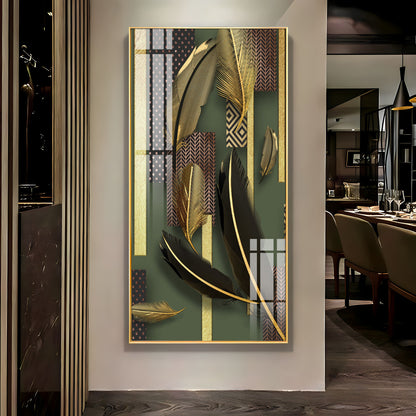 Black & Golden Feathers Premium Acrylic Vertical Wall Art