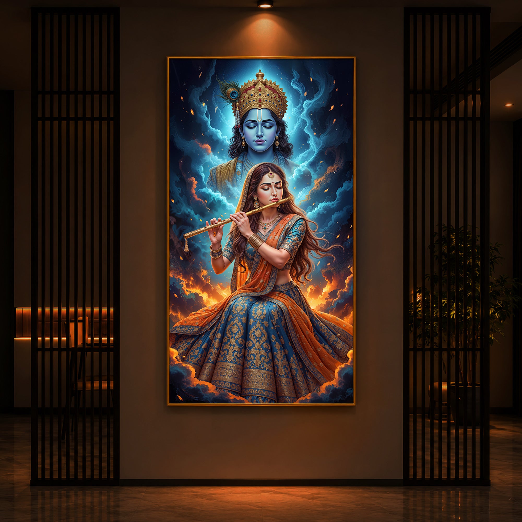 Radhe Krishna Colorful Modern Luxury Backlight Vertical Wall Art