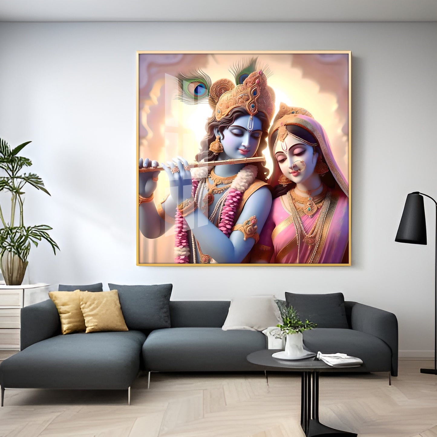 Krishna Playing Flute For Radha Premium Acrylic Square Wall Art