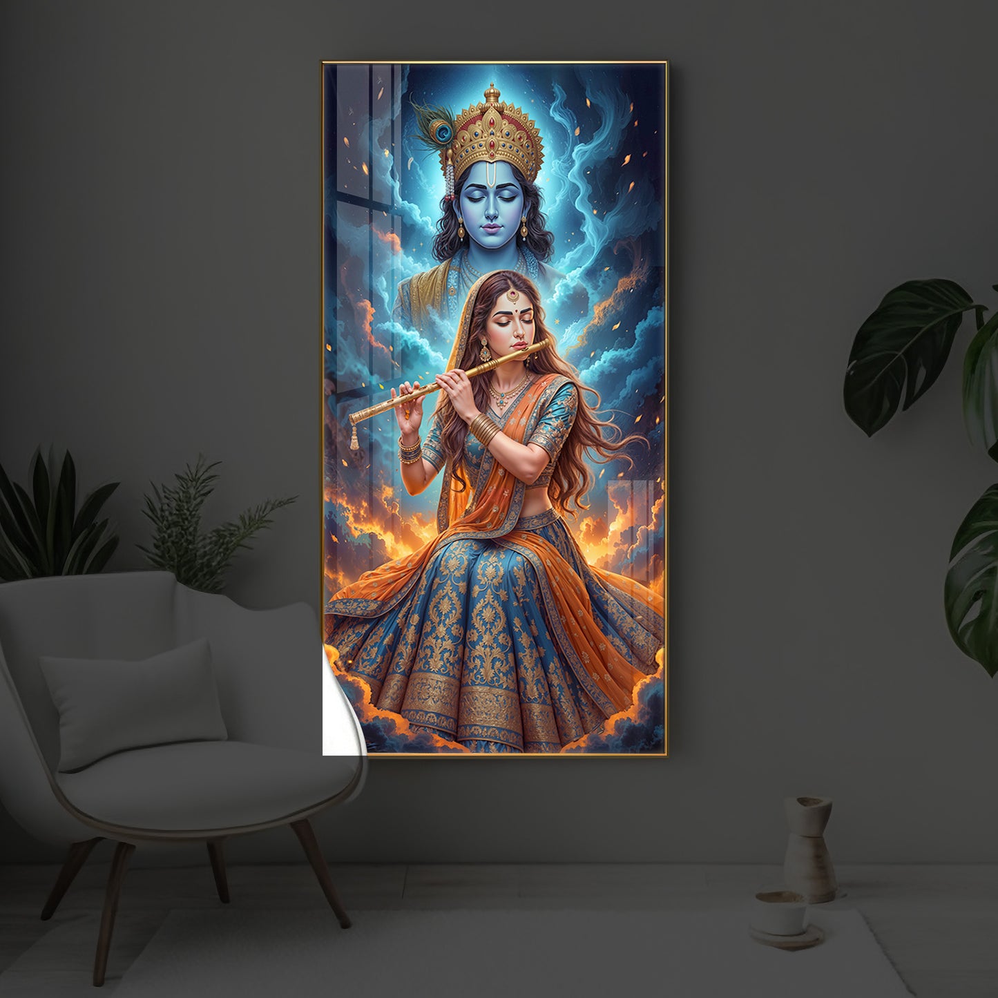 Radhe Krishna Colorful Modern Luxury Backlight Vertical Wall Art