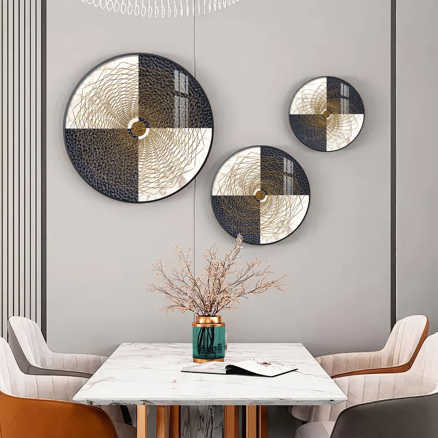 Spiral Line In Golden Premium Acrylic Round Wall Art (Set of 3)