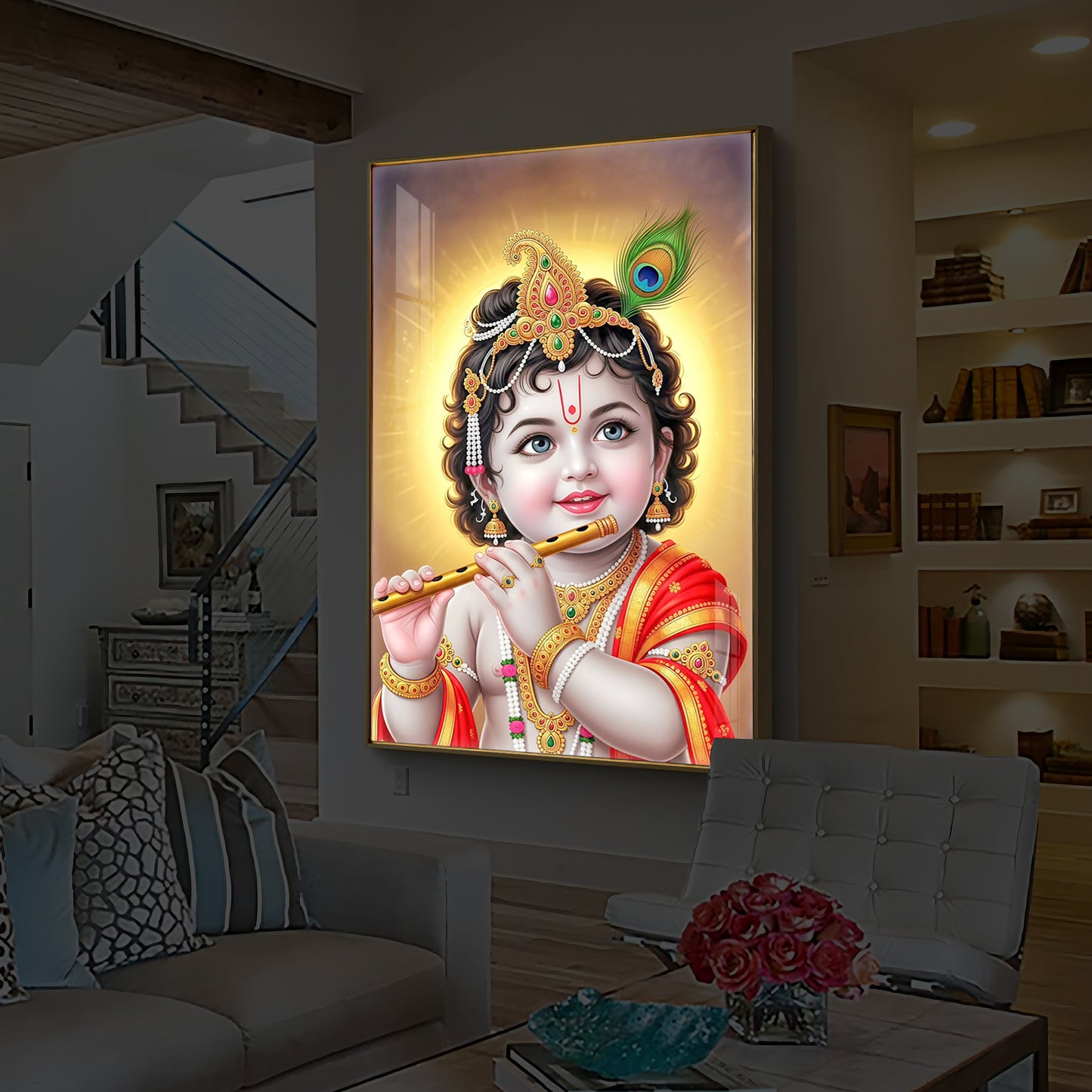 Lord baby Krishna Modern Luxury Backlight Vertical Wall Art