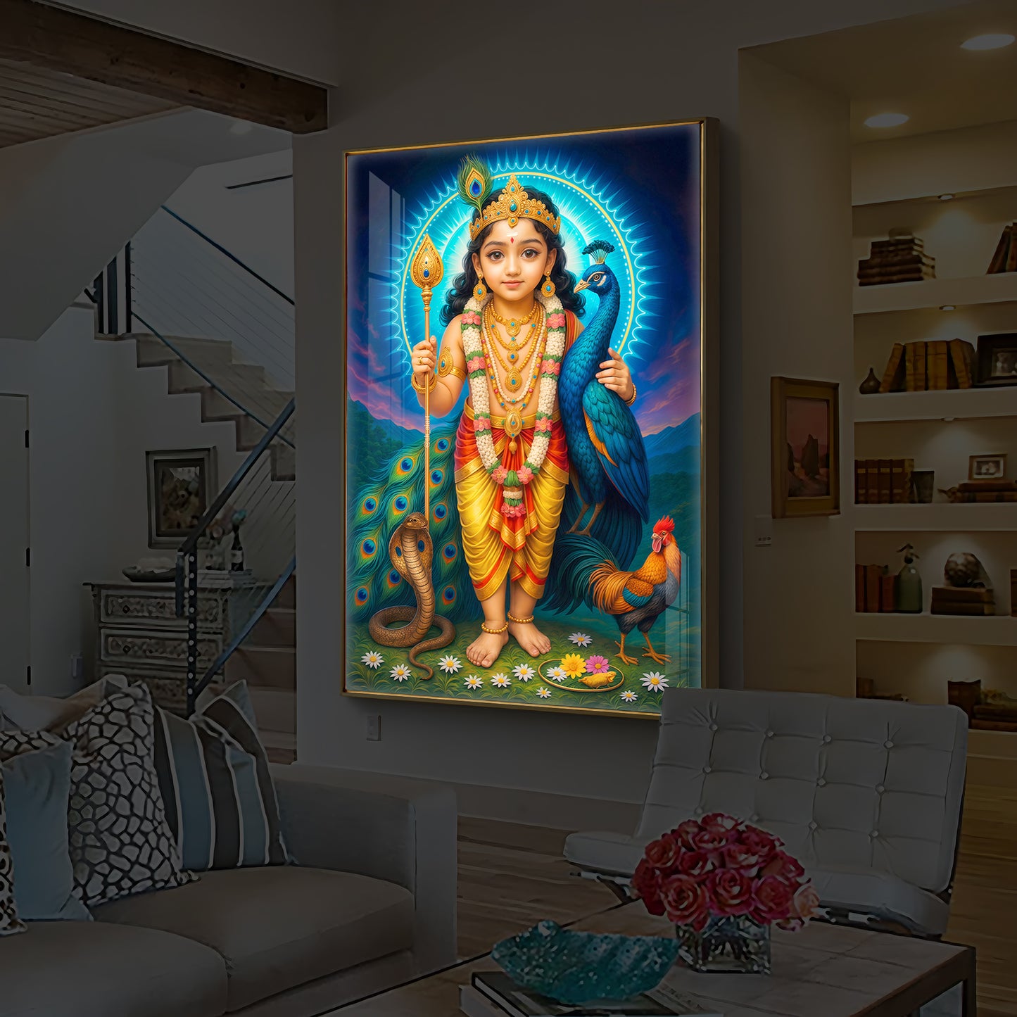 Lord Murugan Ji Modern Luxury Backlight Vertical Wall Art
