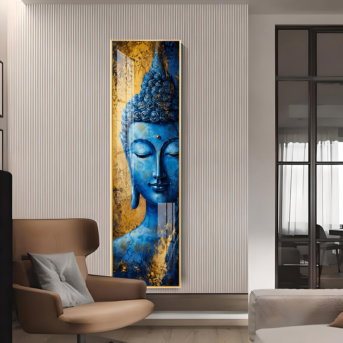 Blue and Gold Meditating Buddha Premium Acrylic Vertical Wall Art