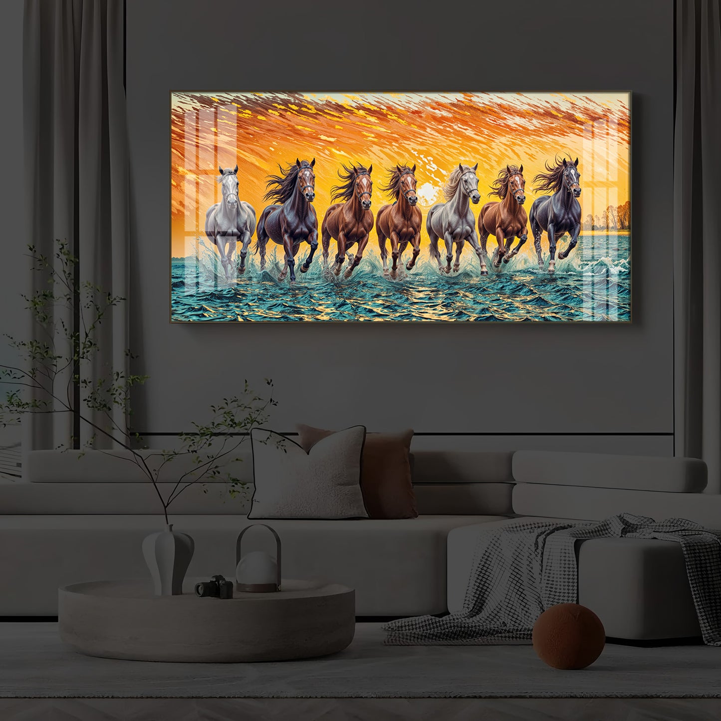 Seven Running Horses Modern Luxury Backlight Horizontal Wall Art