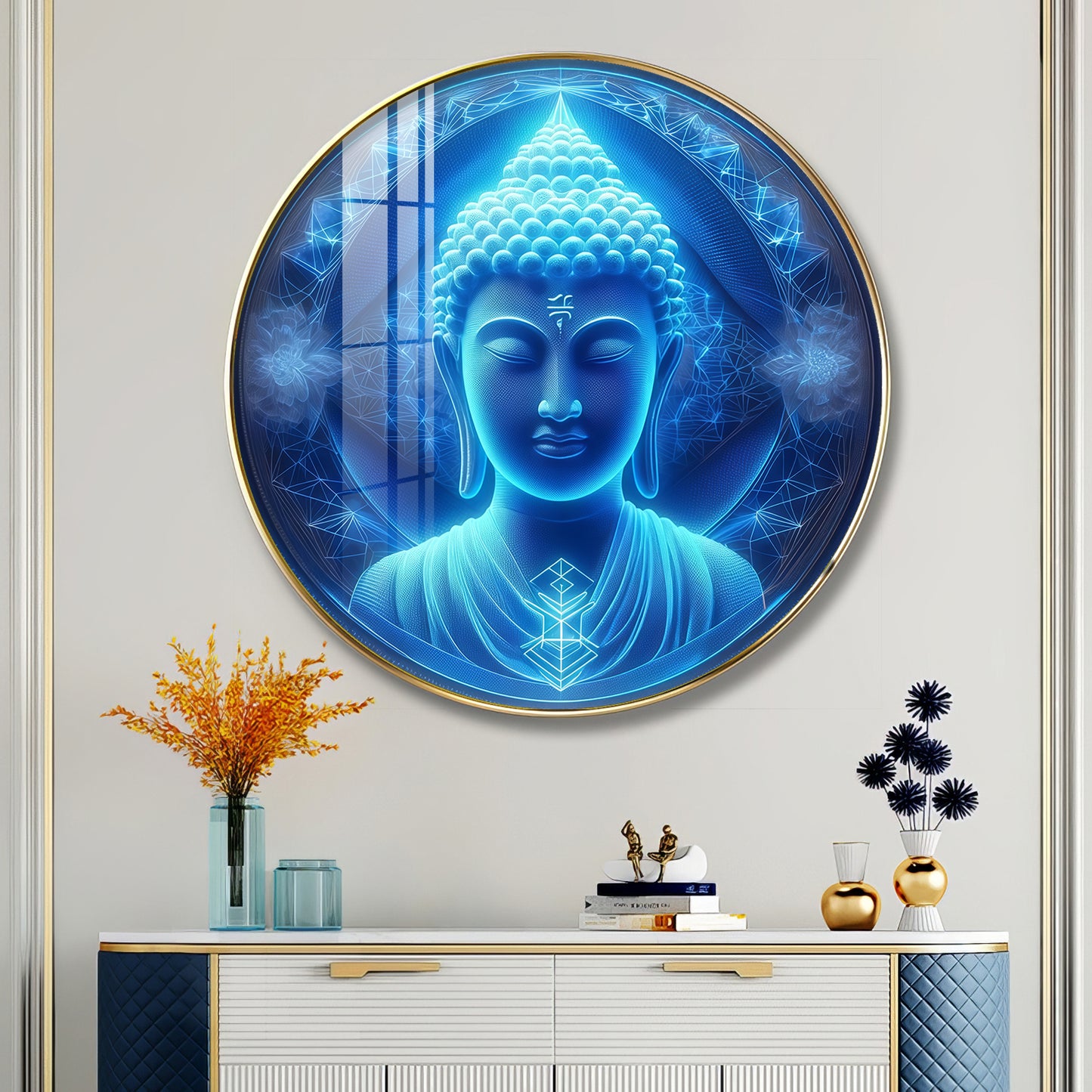 Sacred Buddha In Blue Premium Acrylic Round Wall Art