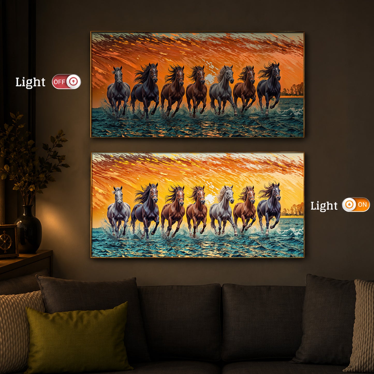 Seven Running Horses Modern Luxury Backlight Horizontal Wall Art