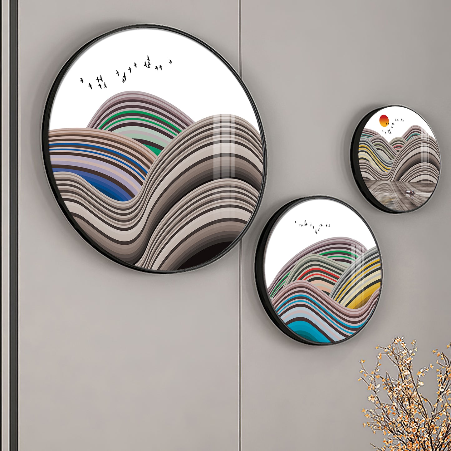 Flair Style Hills Premium Acrylic Round Wall Art (Set of 3)