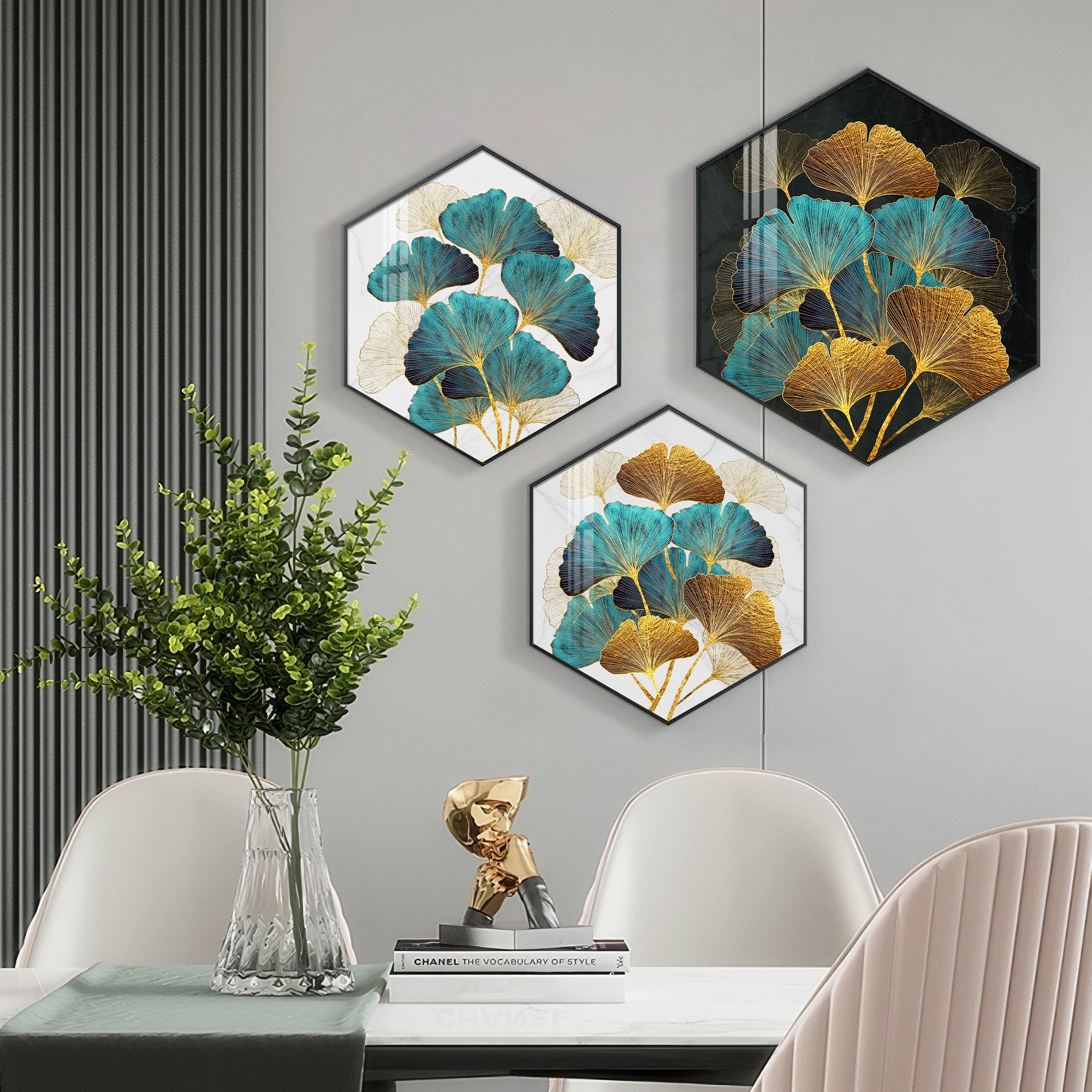 Ginko Leaf Premium Acrylic Hexagon Wall Art (Set of 3)