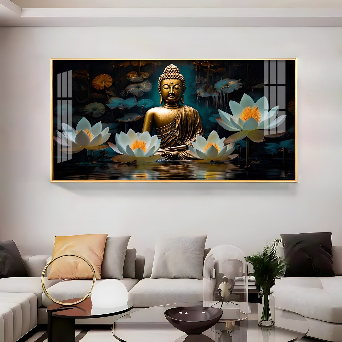 Buddha With White Lotus Premium Acrylic Horizontal Wall Art