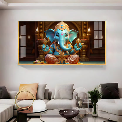 Lord Ganesha Holding Shell Premium Acrylic Horizontal Wall Art