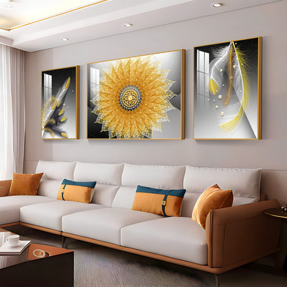 Golden Mandala With Feathers Premium Acrylic Wall Art (Set of 3)