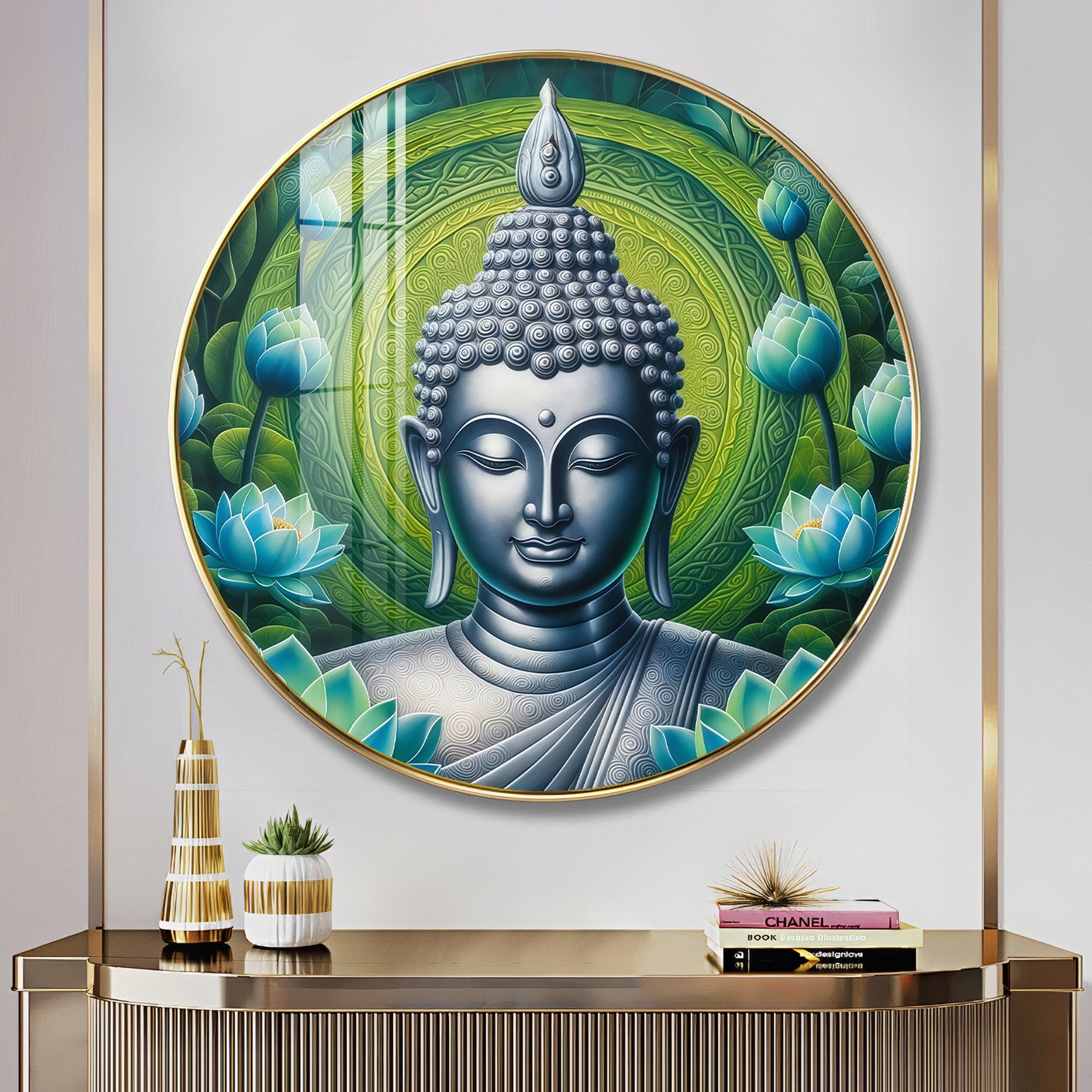 Sacred Buddha In Silver Premium Acrylic Round Wall Art