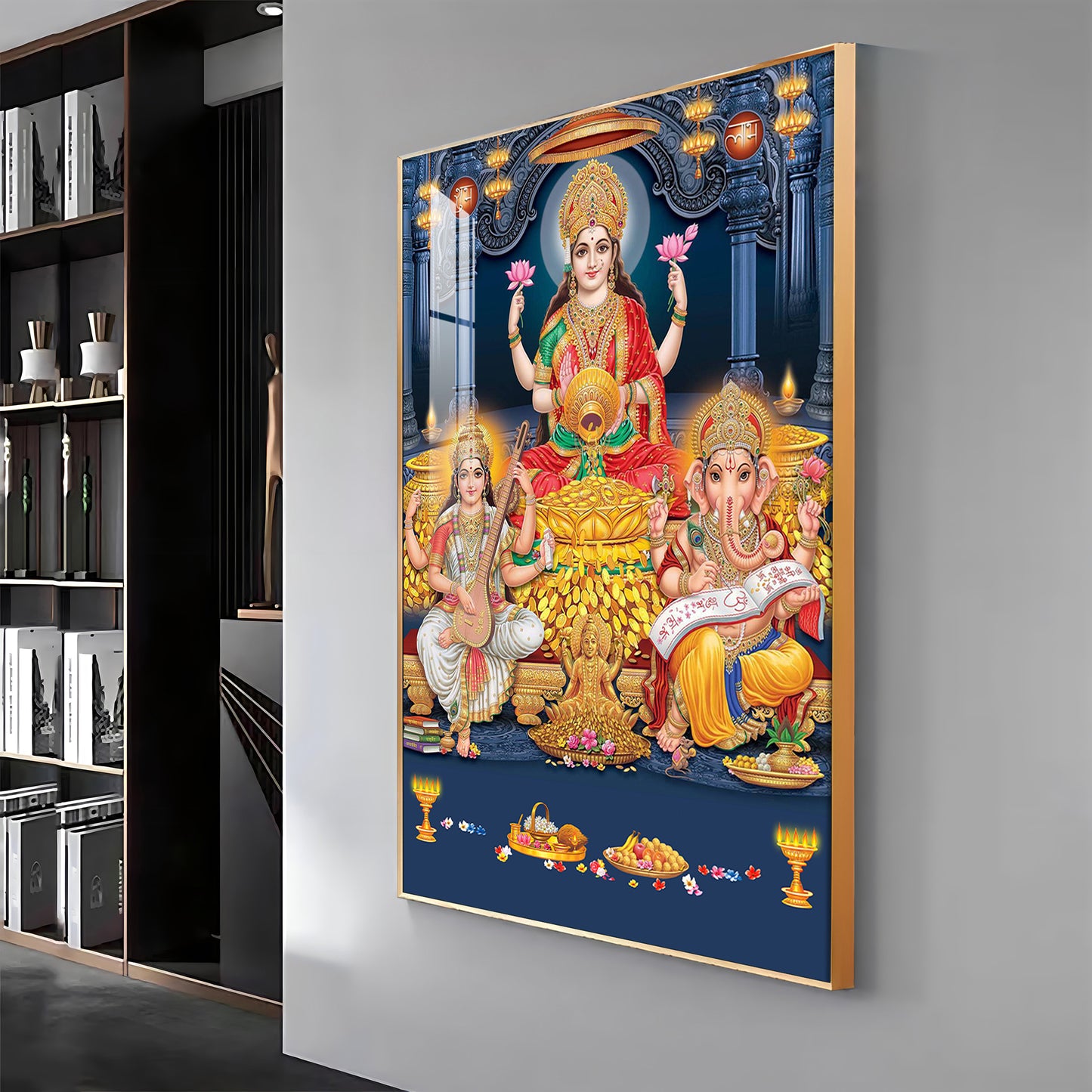 Spiritual Laxmi Ji With Flower Premium Acrylic Vertical Wall Art