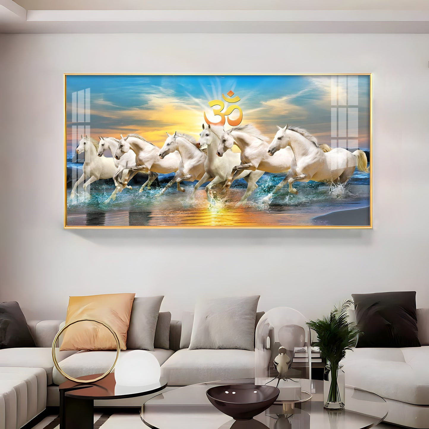 White Running Horses in Sea with Om Premium Acrylic Horizontal Wall Art