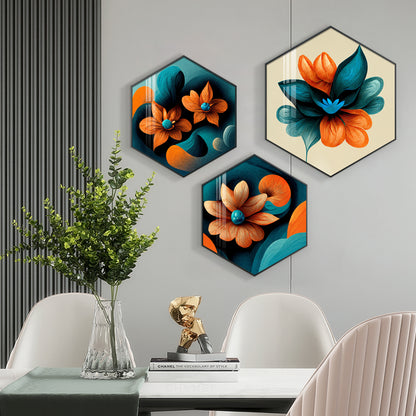 Colorful Flower Premium Acrylic Hexagon Wall Art (Set of 3)