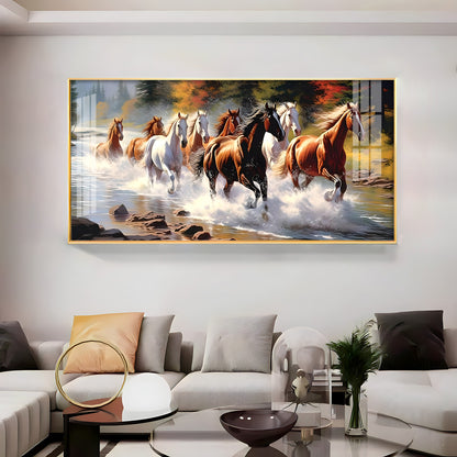 Running Horses in River Premium Acrylic Horizontal Wall Art