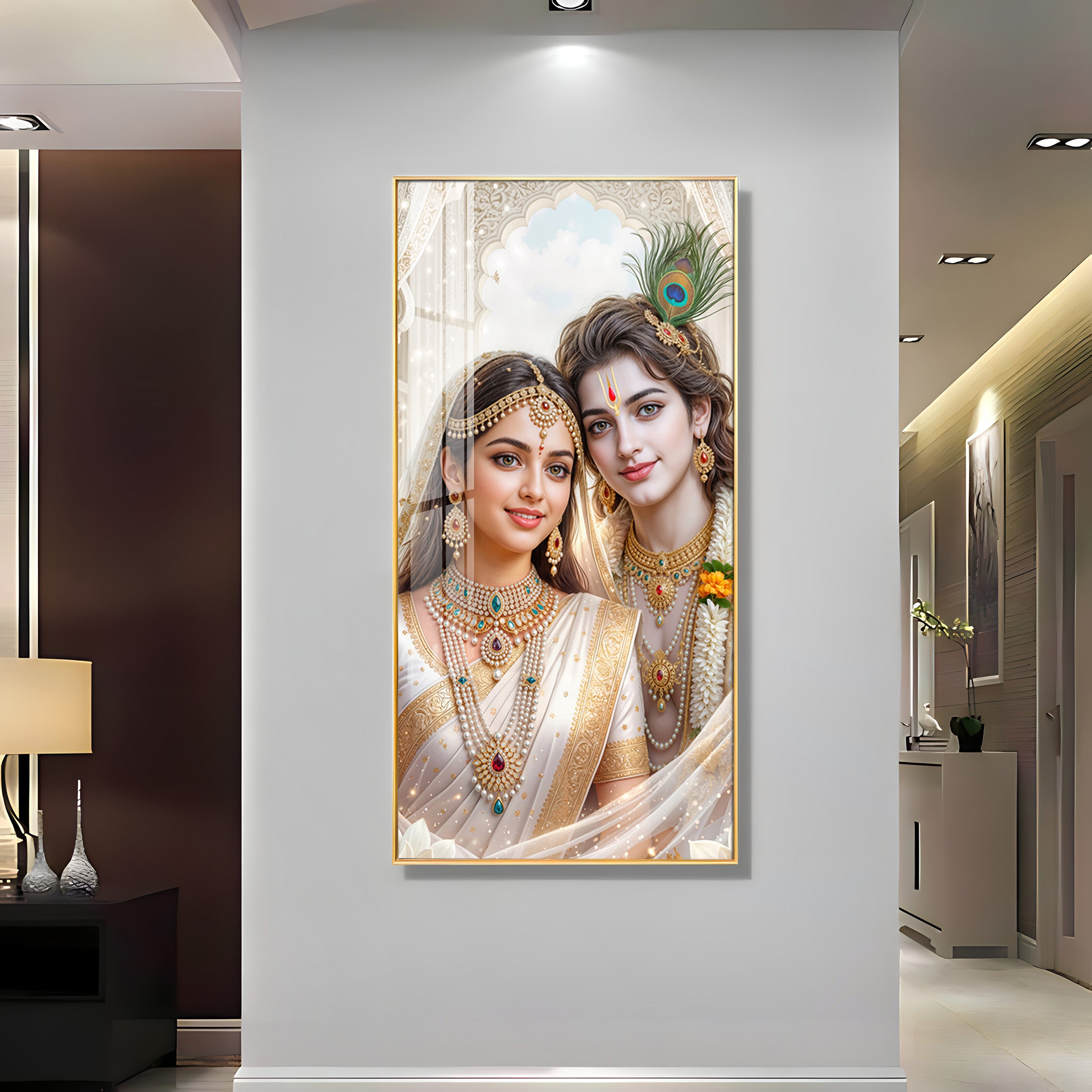 Mystical Love Of Radhe Krishn Modern Luxury Backlight Vertical Wall Art