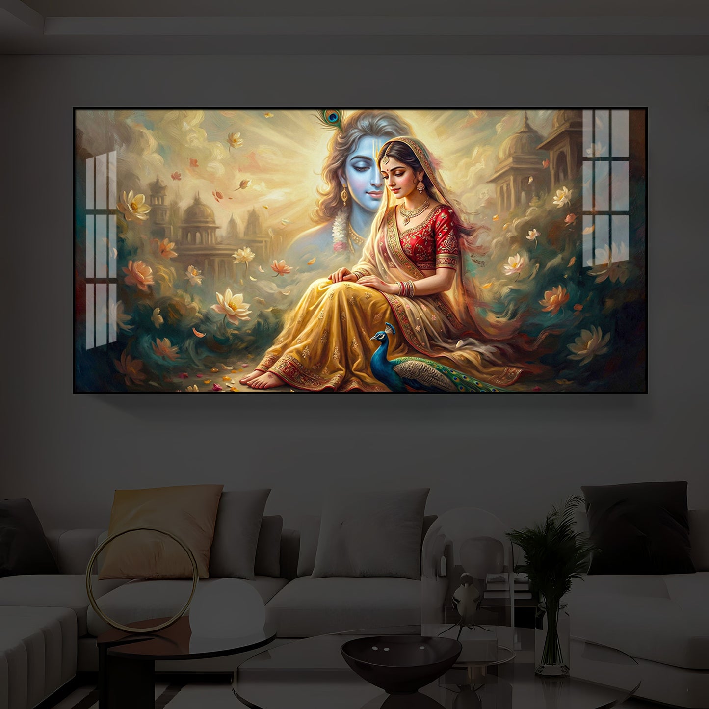 Loving Couple Radha Krishna Modern Luxury Backlight Horizontal Wall Art