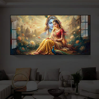 Loving Couple Radha Krishna Modern Luxury Backlight Horizontal Wall Art