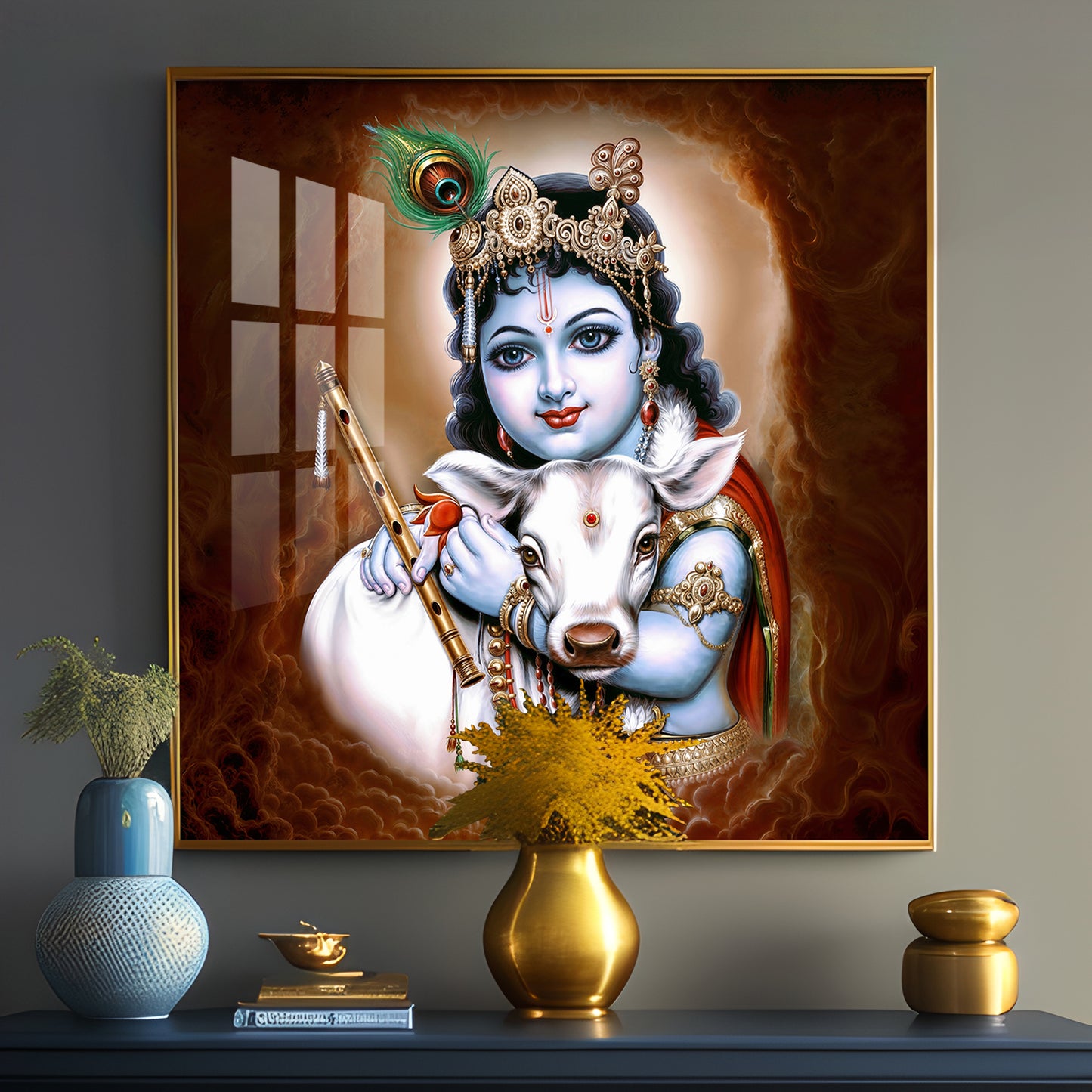 Krishna With Bansuri & Cow Premium Acrylic Horizontal Wall Art