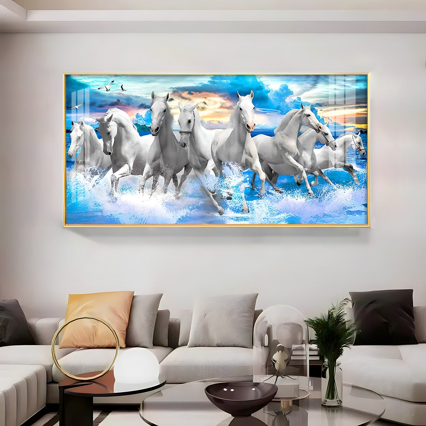 Vastu Running Horses With Sunrise Premium Acrylic Horizontal Wall Art