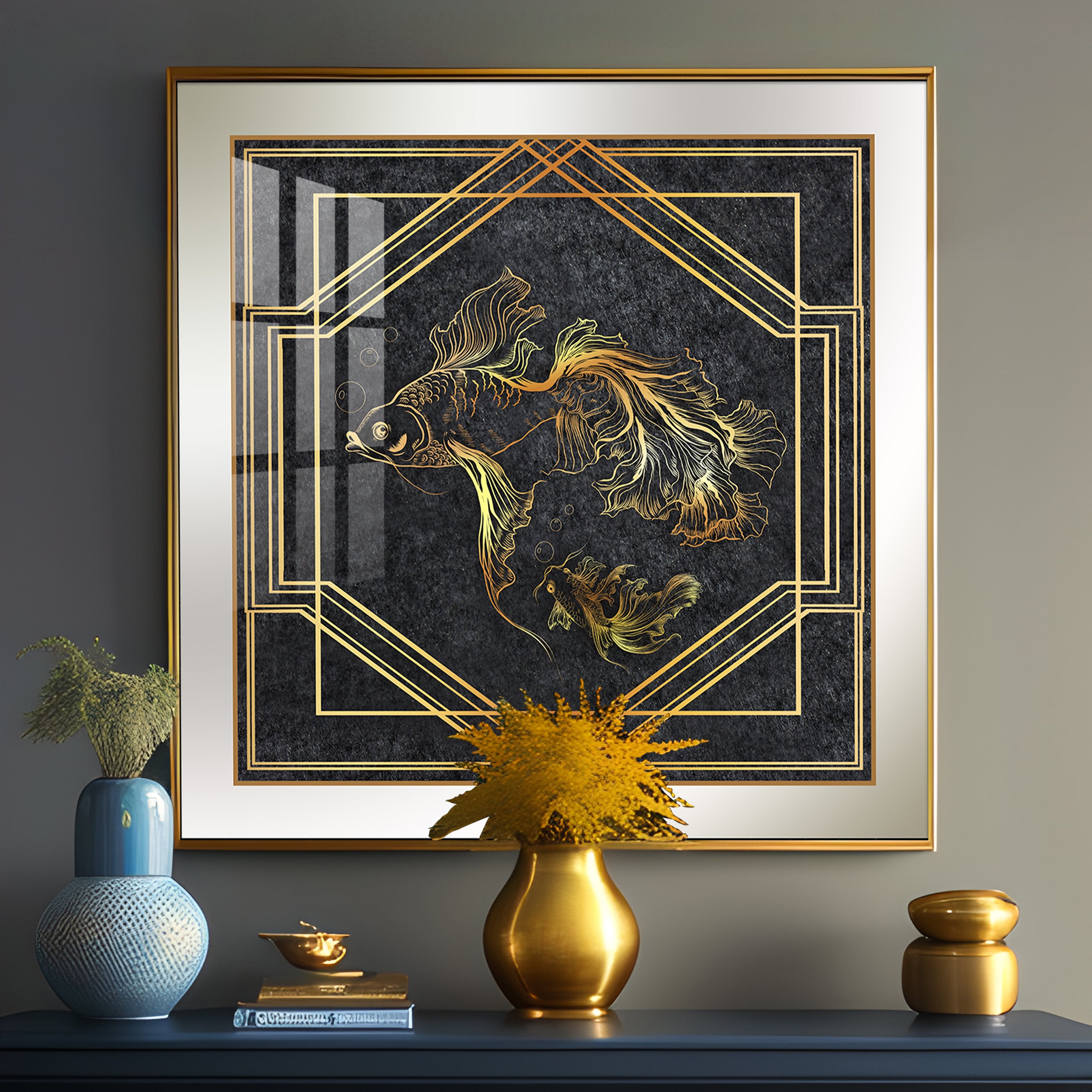 Modern Fashionable Gold Foil Goldfish Premium Acrylic Square Wall Art