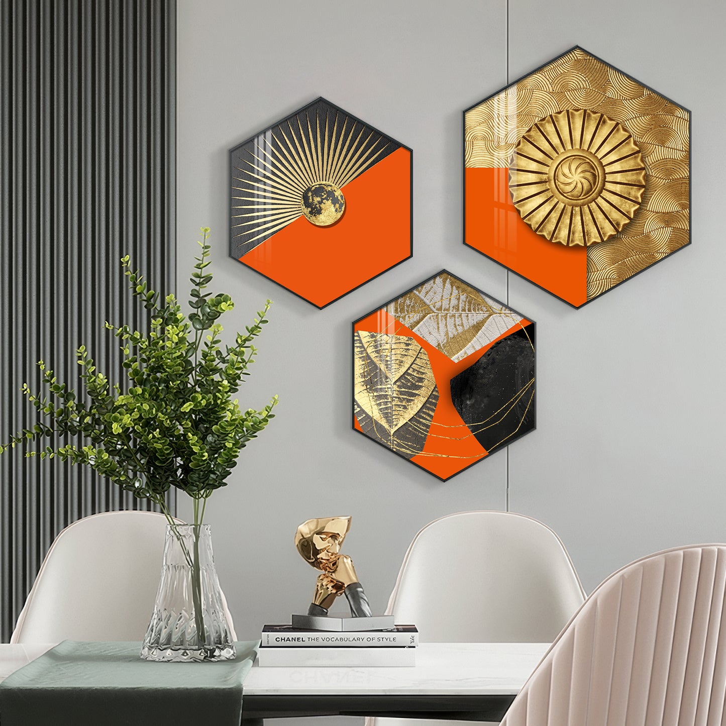 Gold & Orange Accents Premium Acrylic Hexagon Wall Art (Set of 3)