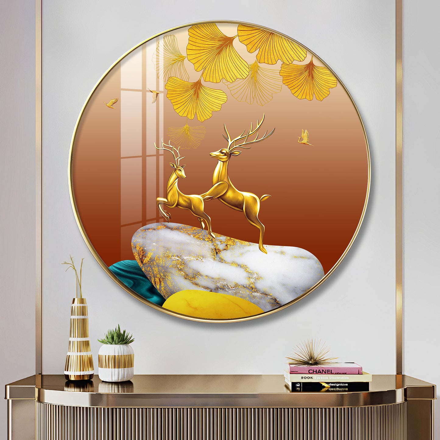 Golden Deer Duo Premium Acrylic Round Wall Art