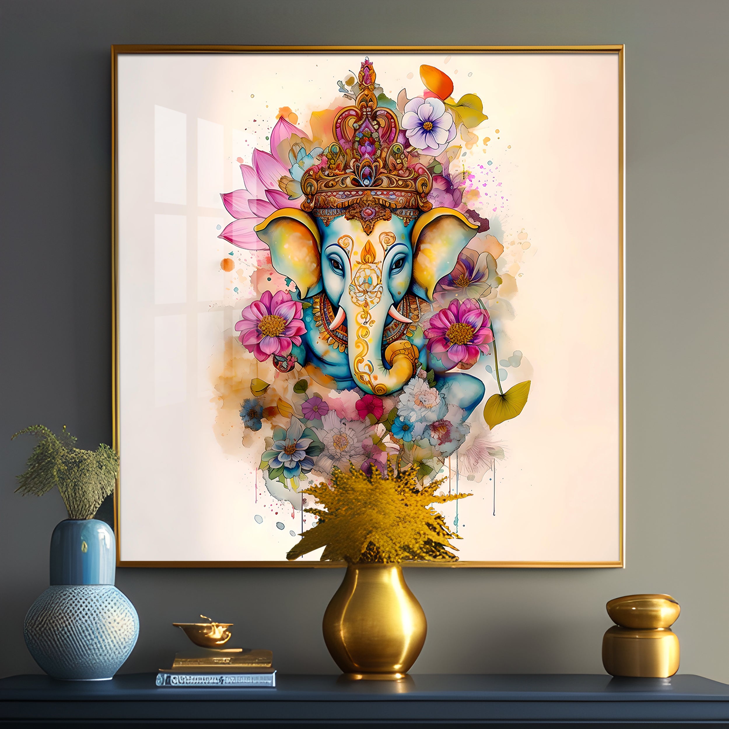 Flowery Ganesh Premium Acrylic Square Wall Art