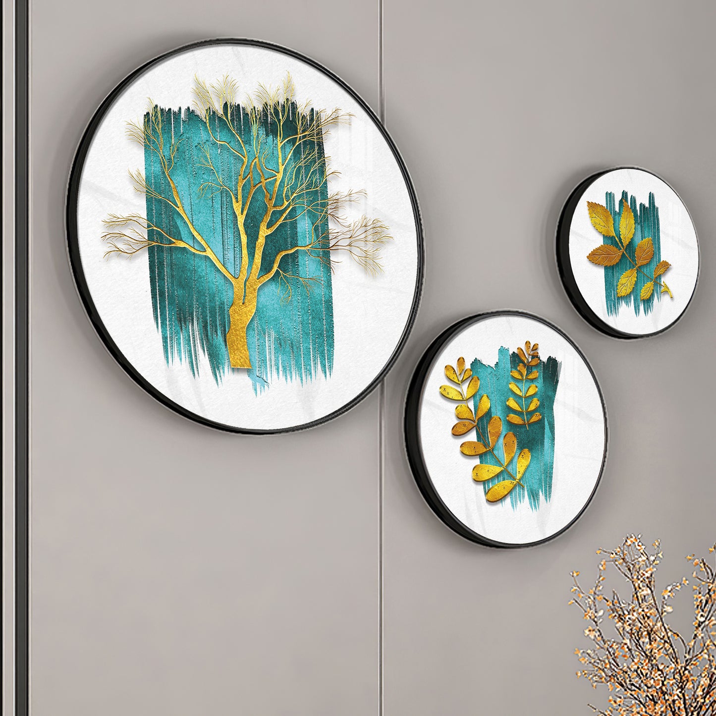 Golden Tree and Leaves Premium Acrylic Round Wall Art (Set of 3)