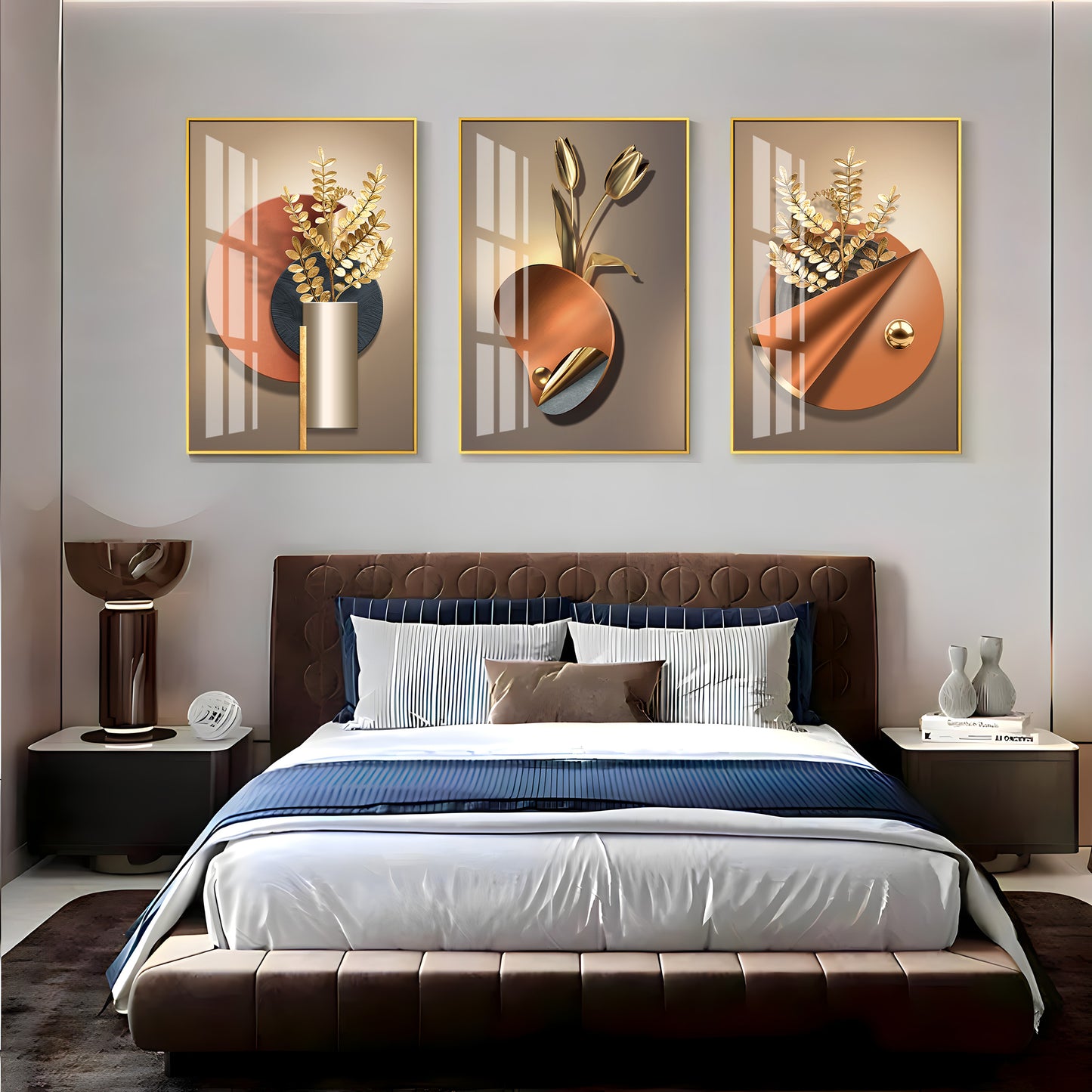 Golden Flower Triptych Premium Acrylic Wall Art (Set of 3)