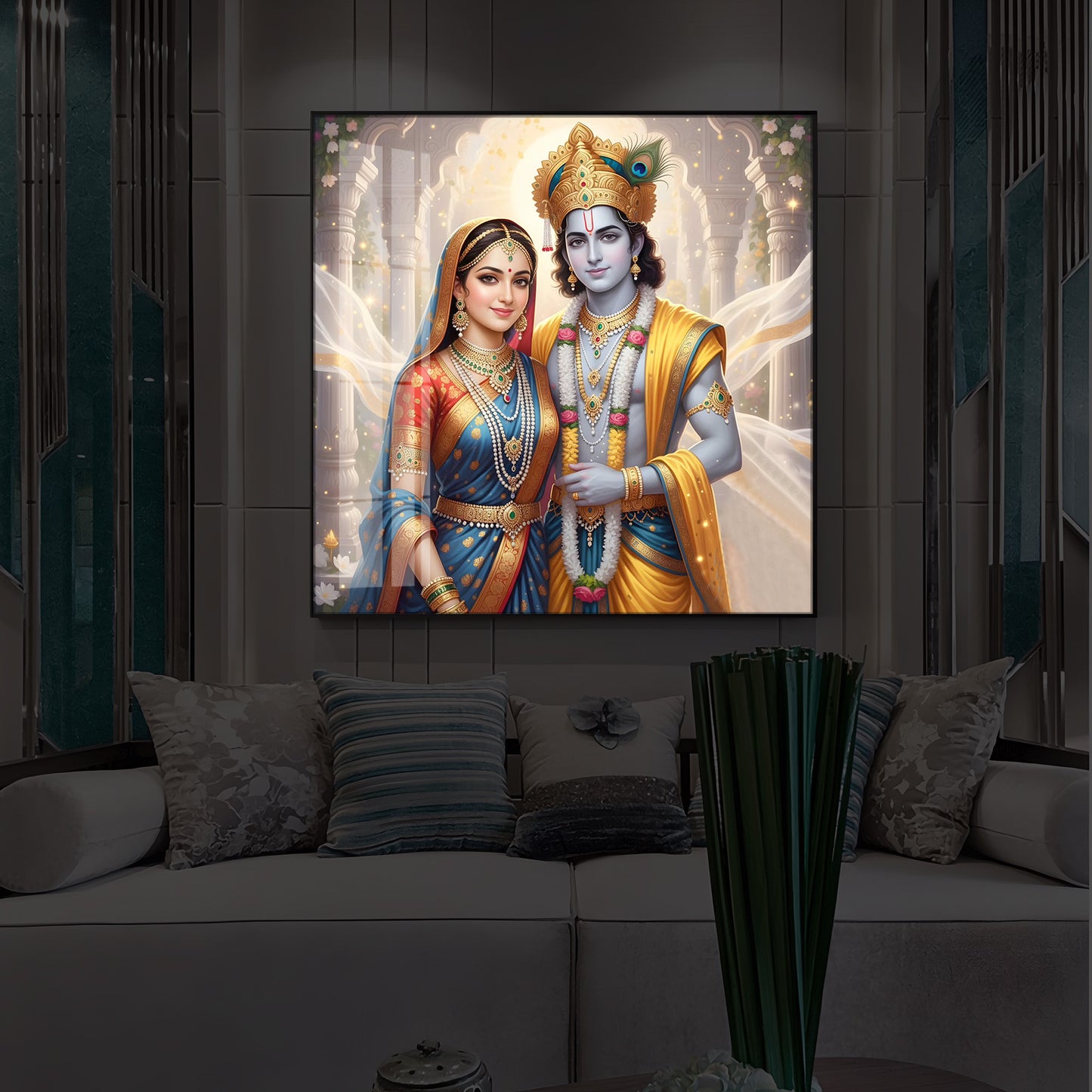 Divine Shree Radhe Krishna Modern Luxury Backlight Square Wall Art