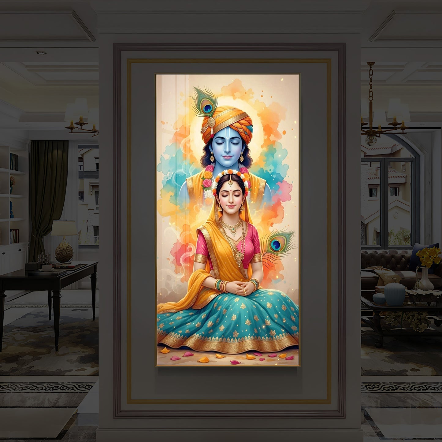 Radhe Krishna Modern Luxury Backlight Vertical Wall Art