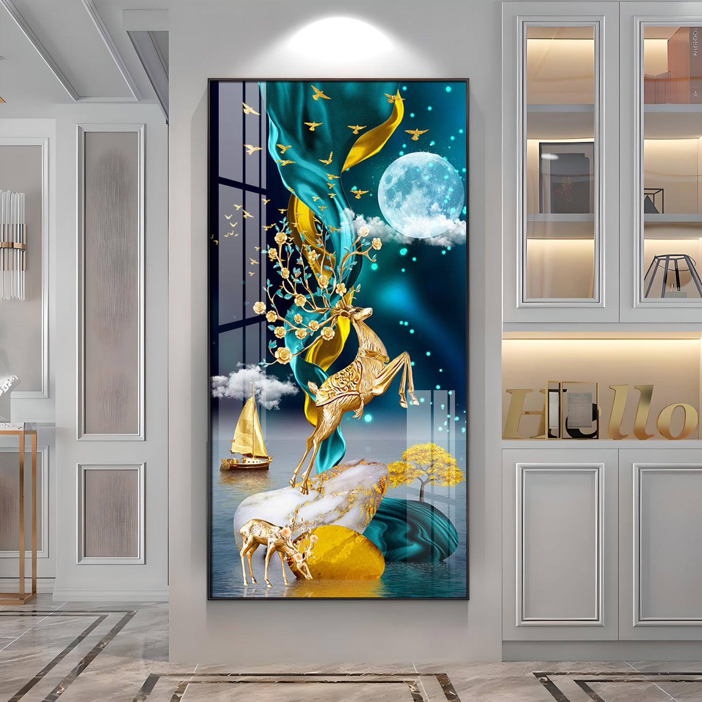 Elegant Golden Deer Chinese Zenstore with Golden Deer Luxury Crystal Wall Art