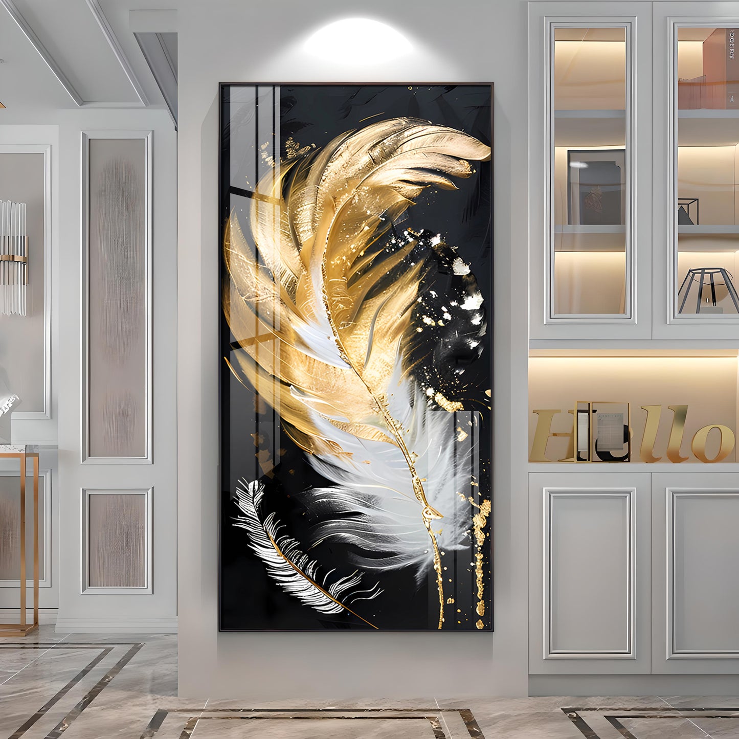 White & Golden Feather Luxury Crystal Vertical Wall Art