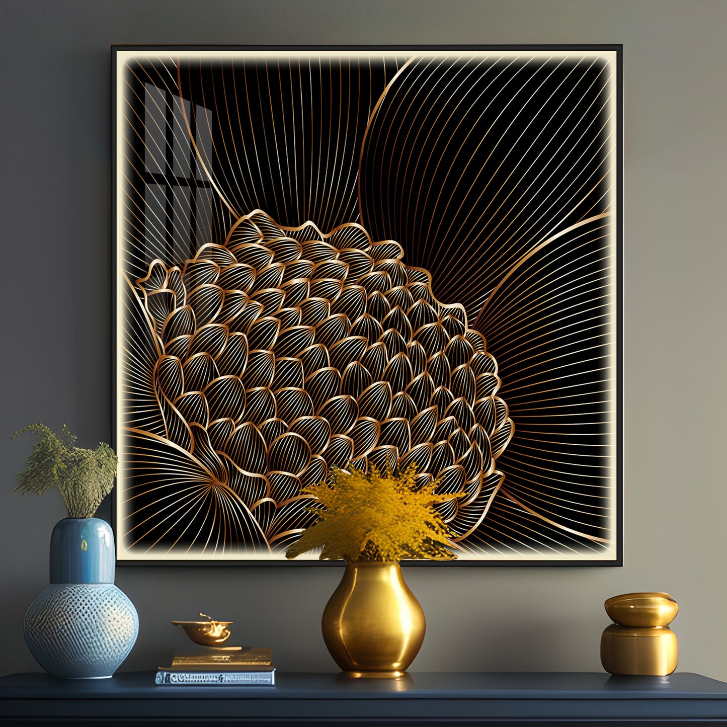 Abstract Black Flower Luxury Crystal Square Wall Art