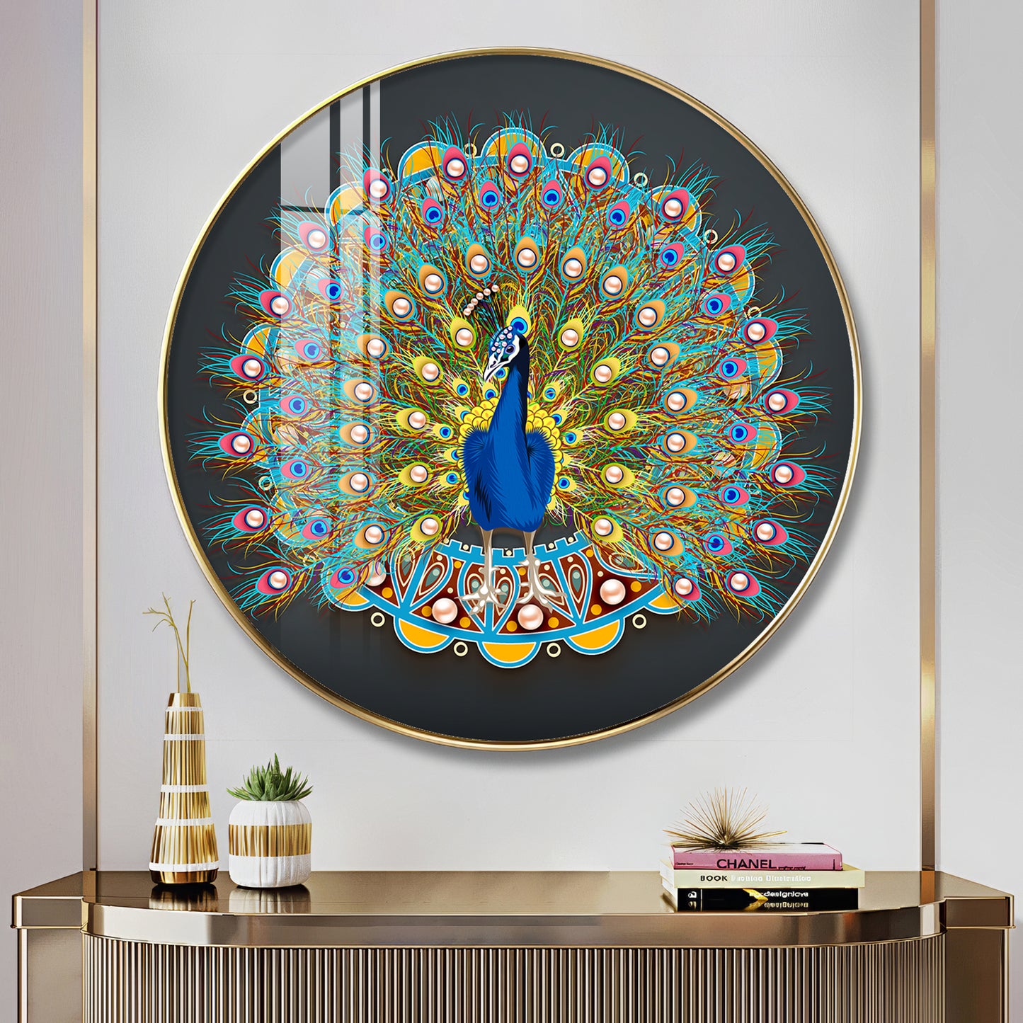 Vibrant Peacock Premium Acrylic Round Wall Art