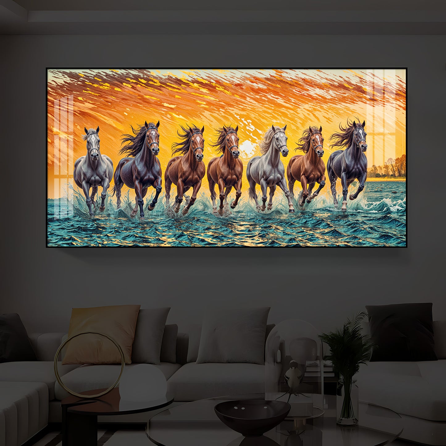 Seven Running Horses Modern Luxury Backlight Horizontal Wall Art