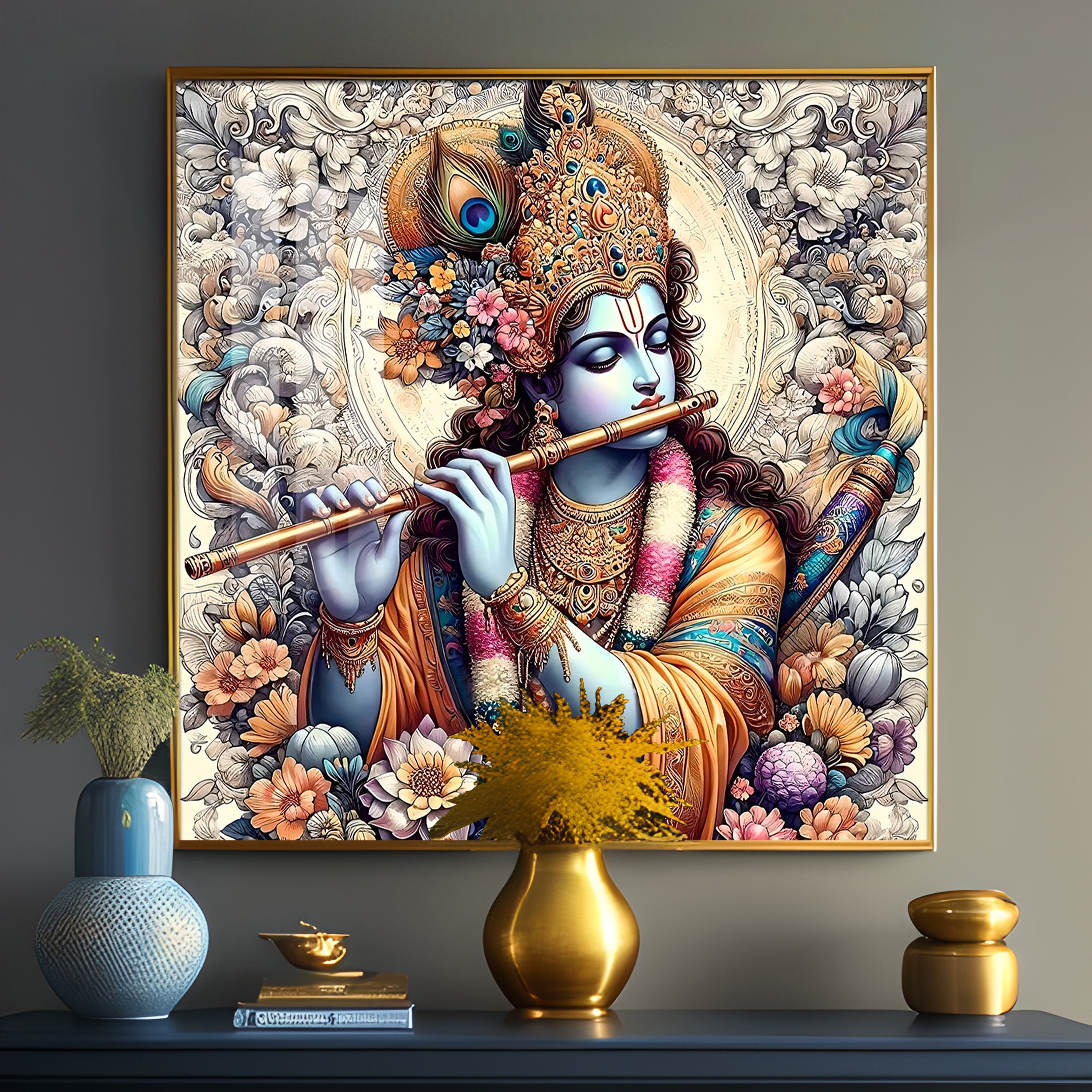Lord Krishna With Flute Premium Acrylic Square Wall Art