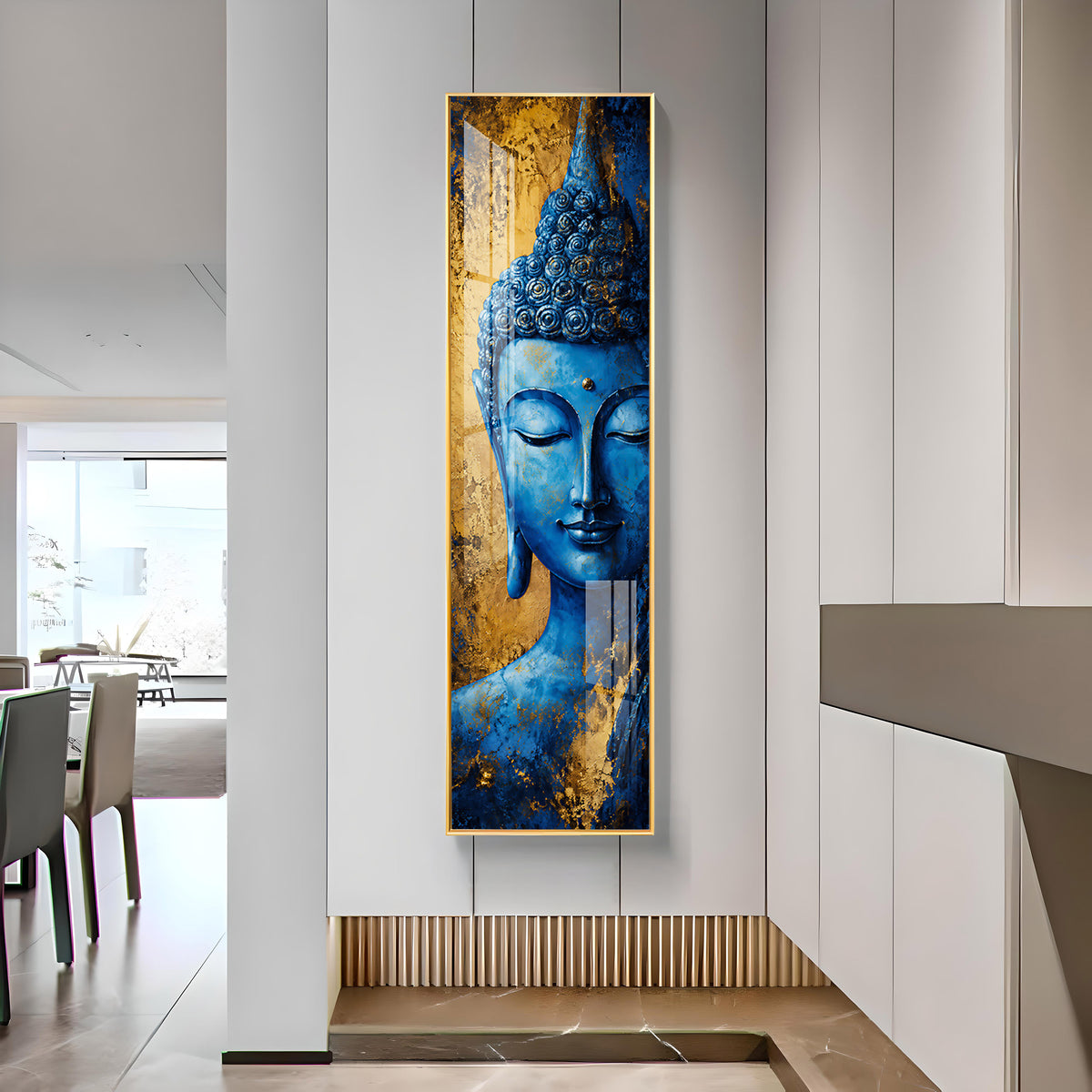 Blue and Gold Meditating Buddha Premium Acrylic Vertical Wall Art