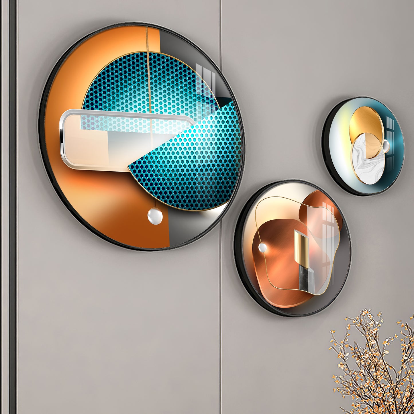 Semi Circle Abstract Premium Acrylic Round Wall Art (Set of 3)