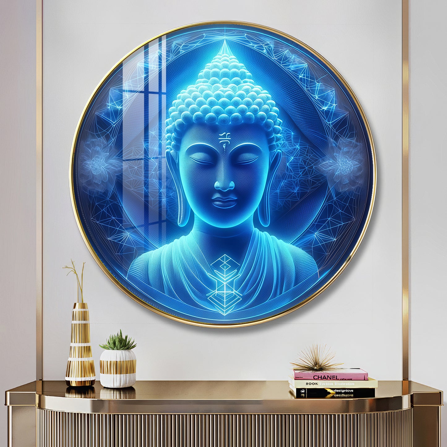 Sacred Buddha In Blue Premium Acrylic Round Wall Art