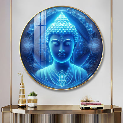 Sacred Buddha In Blue Premium Acrylic Round Wall Art