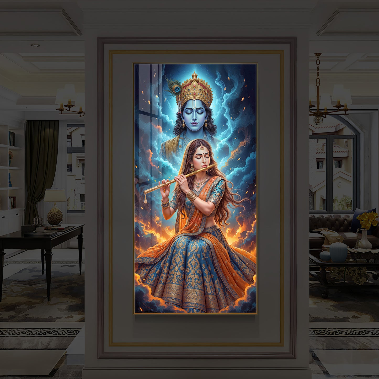 Radhe Krishna Colorful Modern Luxury Backlight Vertical Wall Art