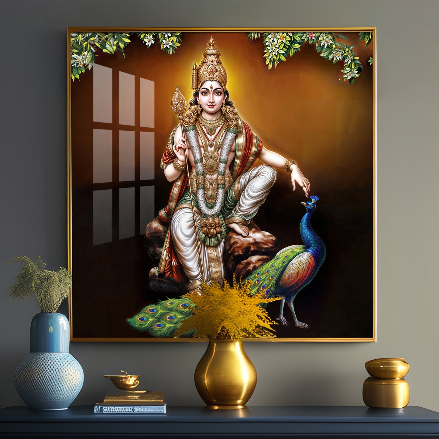 Lord Murugan With Peacock Premium Acrylic Square Wall Art