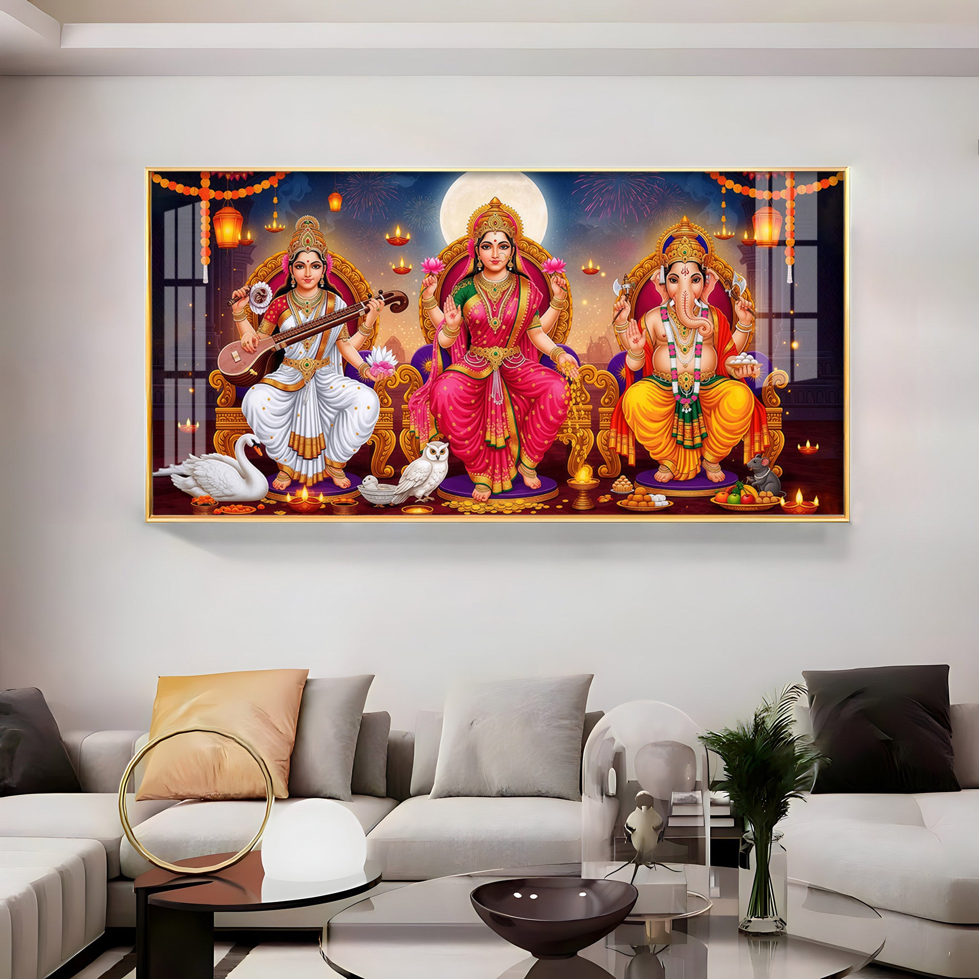 Lord Ganesha With Godess Saraswati and Maa Laxmi Premium Acrylic Horizontal Wall Art